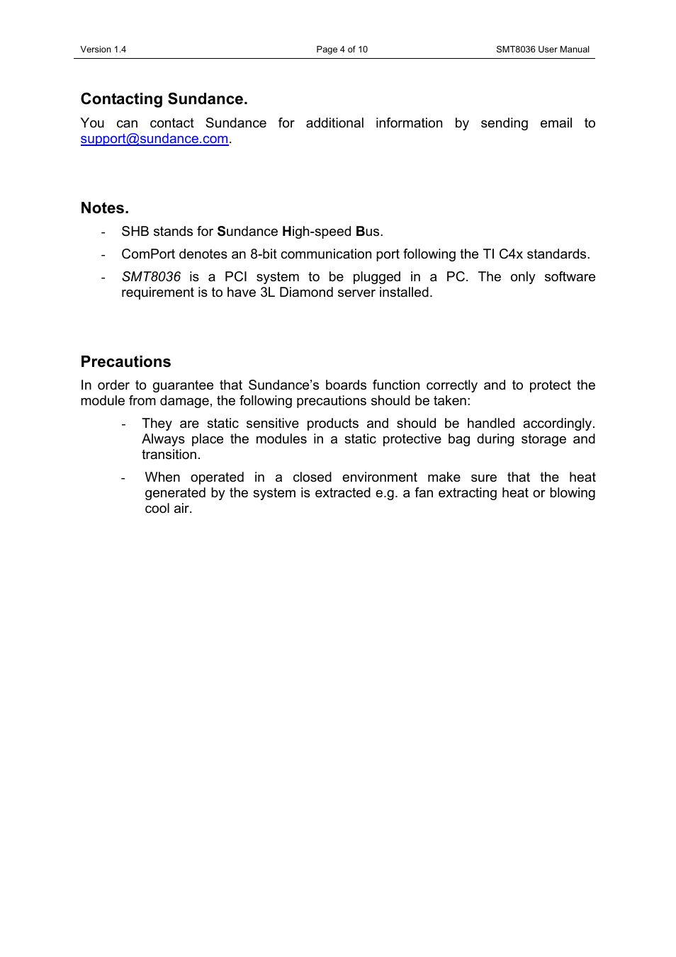 Contacting sundance, Notes, Precautions | Contacting sundance notes precautions | Sundance SMT8036 User Manual | Page 4 / 10