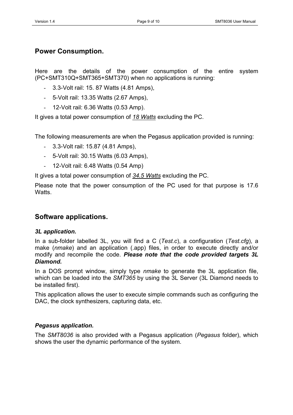 Power consumption, Software applications, 3l application | Pegasus application, Power consumption software applications, 3l application pegasus application | Sundance SMT8036 User Manual | Page 9 / 10