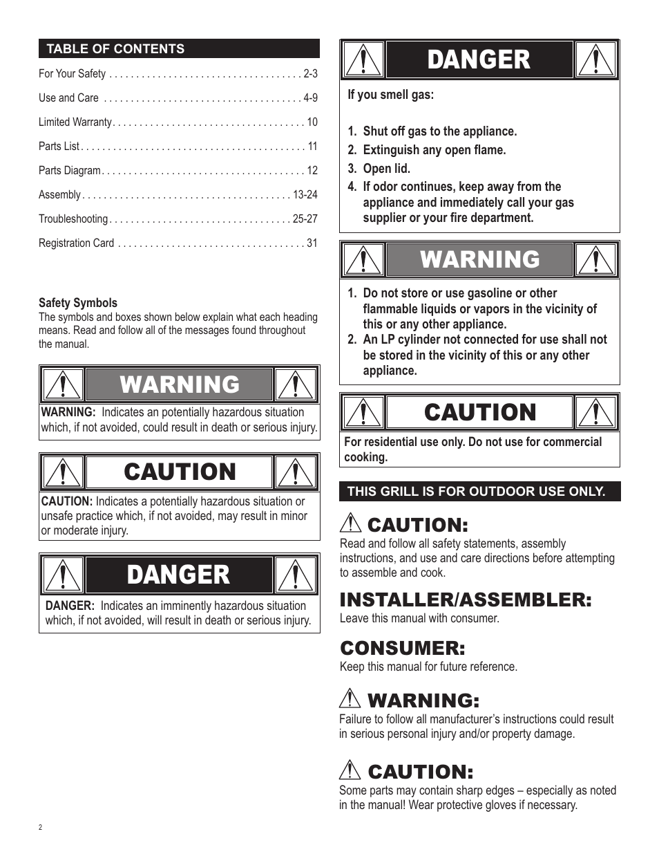 Danger, Warning caution, Warning | Caution, Installer/assembler, Consumer | Char-Broil 463232011 User Manual | Page 2 / 32