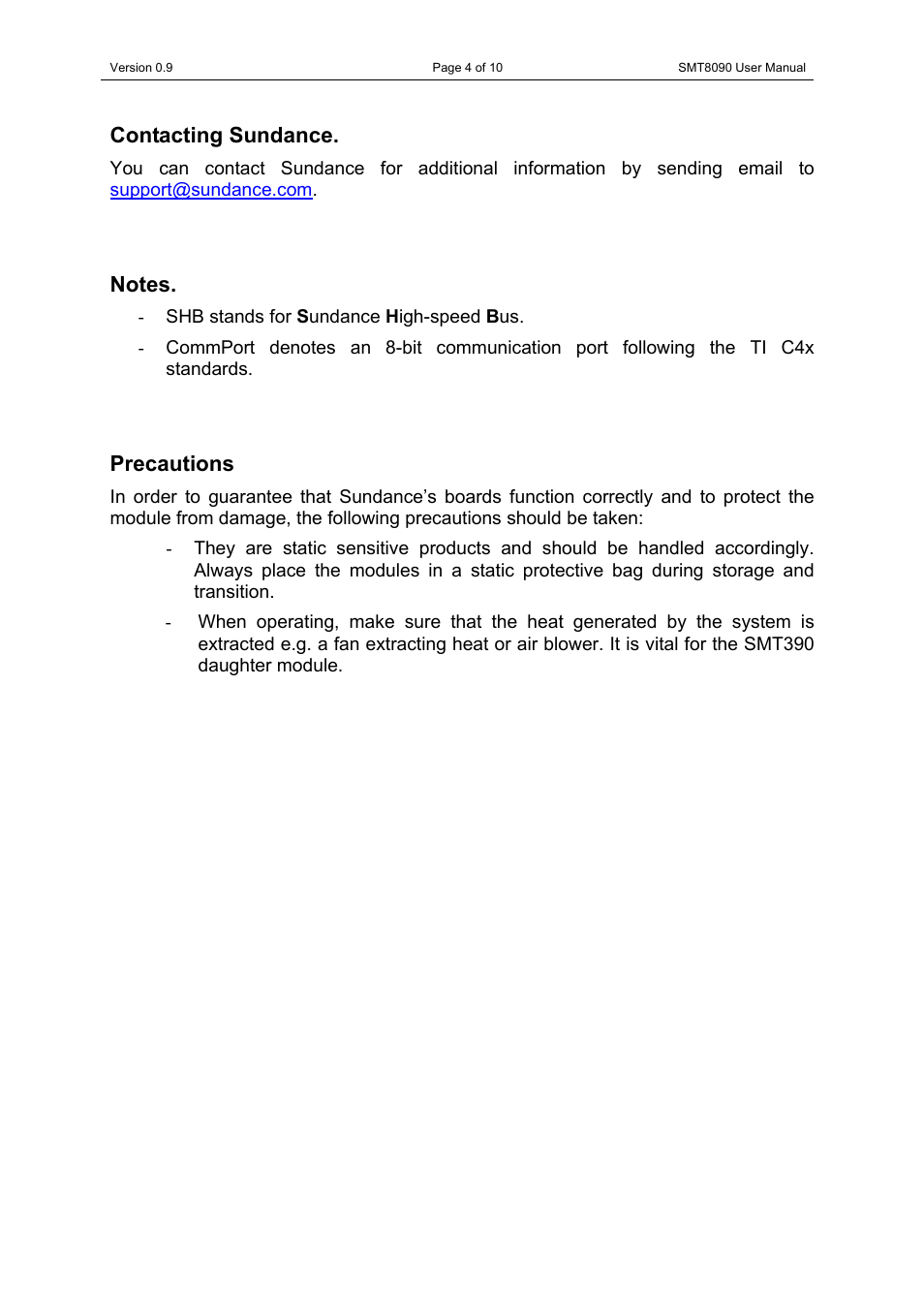 Contacting sundance, Notes, Precautions | Contacting sundance notes precautions | Sundance SMT8090 User Manual | Page 4 / 10