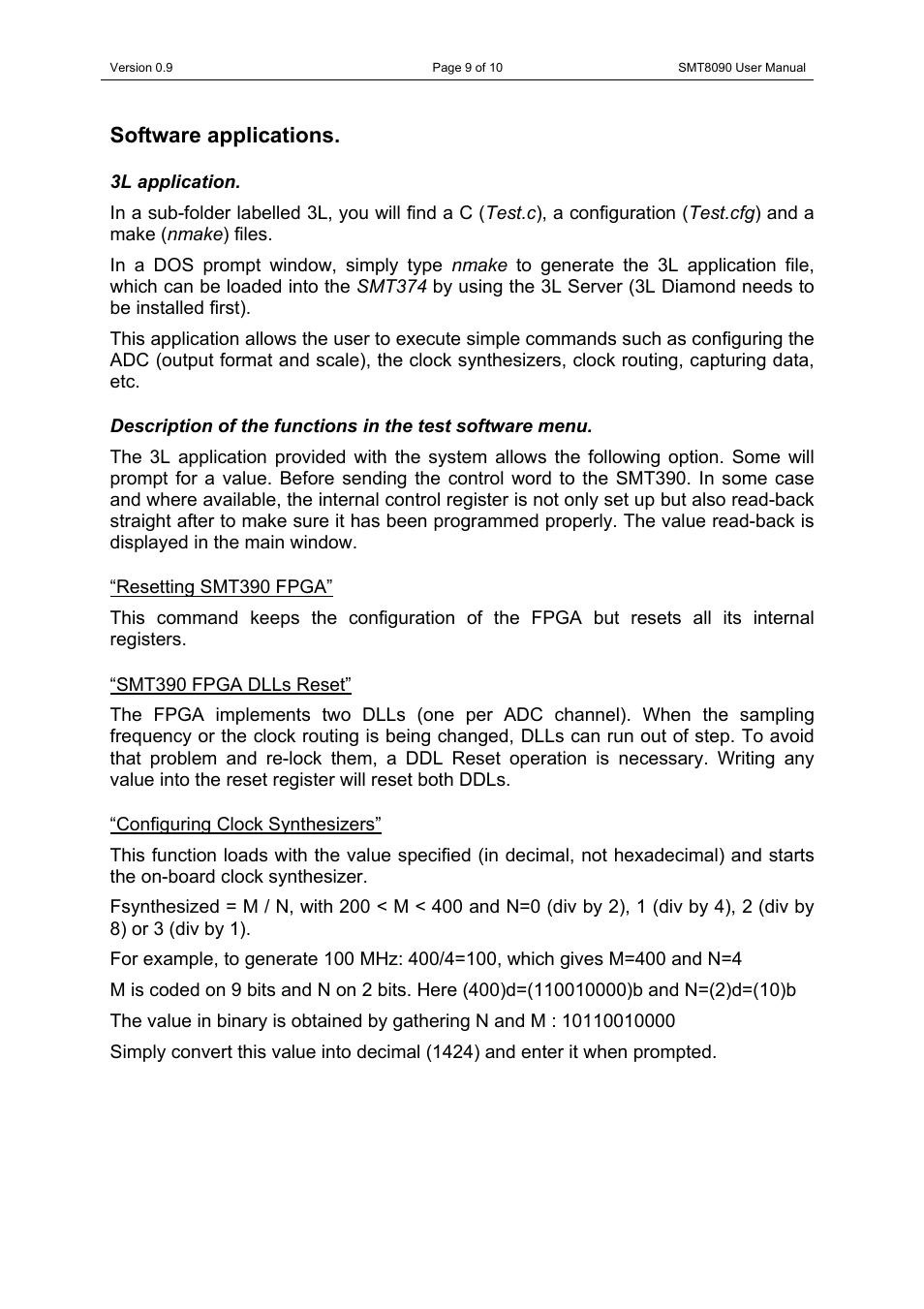Software applications, 3l application, Resetting smt390 fpga | Smt390 fpga dlls reset, Configuring clock synthesizers | Sundance SMT8090 User Manual | Page 9 / 10