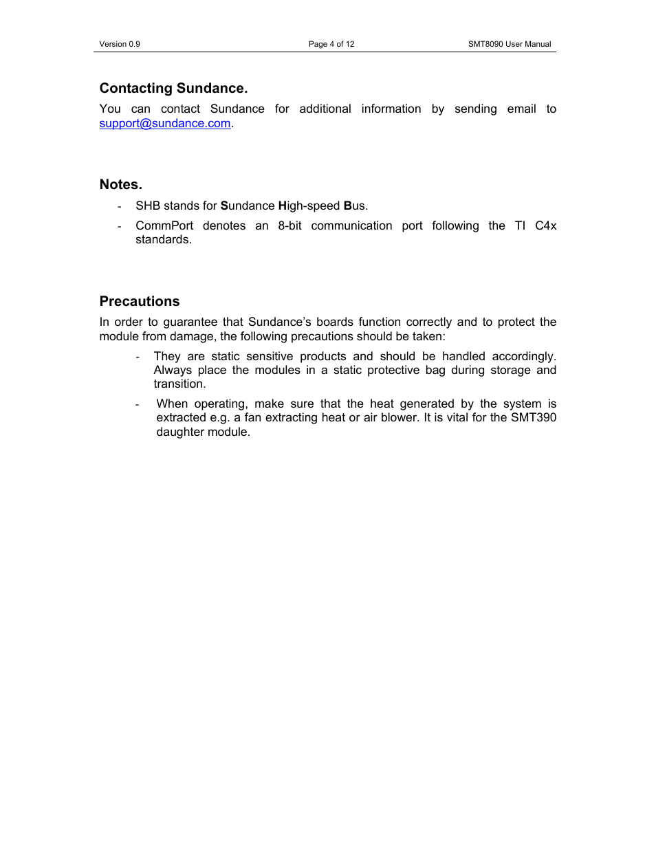 Contacting sundance, Precautions | Sundance SMT8090-374 User Manual | Page 4 / 12