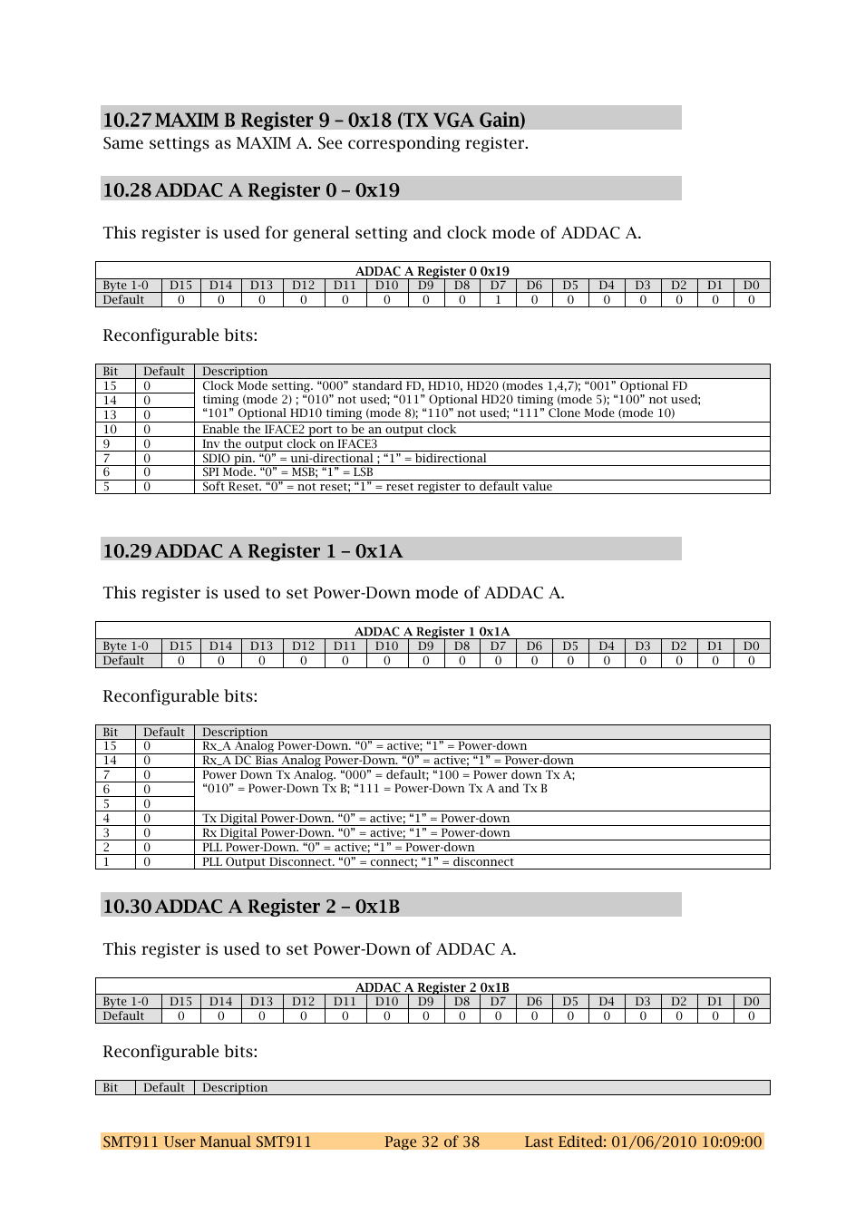 Reconfigurable bits, This register is used to set power-down of addac a | Sundance SMT911 User Manual | Page 32 / 38