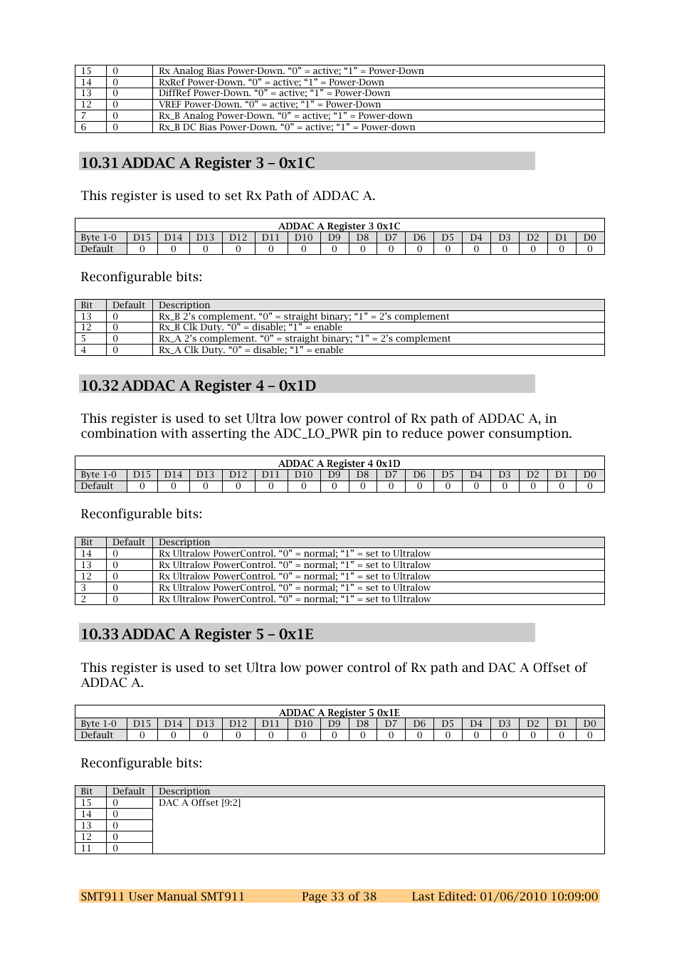 This register is used to set rx path of addac a, Reconfigurable bits | Sundance SMT911 User Manual | Page 33 / 38