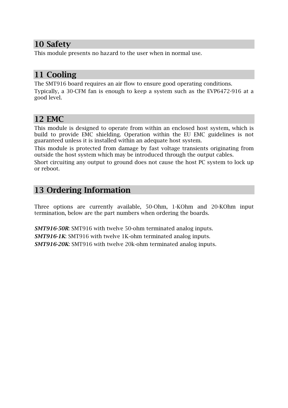 10 safety, 11 cooling, 12 emc | 13 ordering information | Sundance SMT916 User Manual | Page 28 / 28