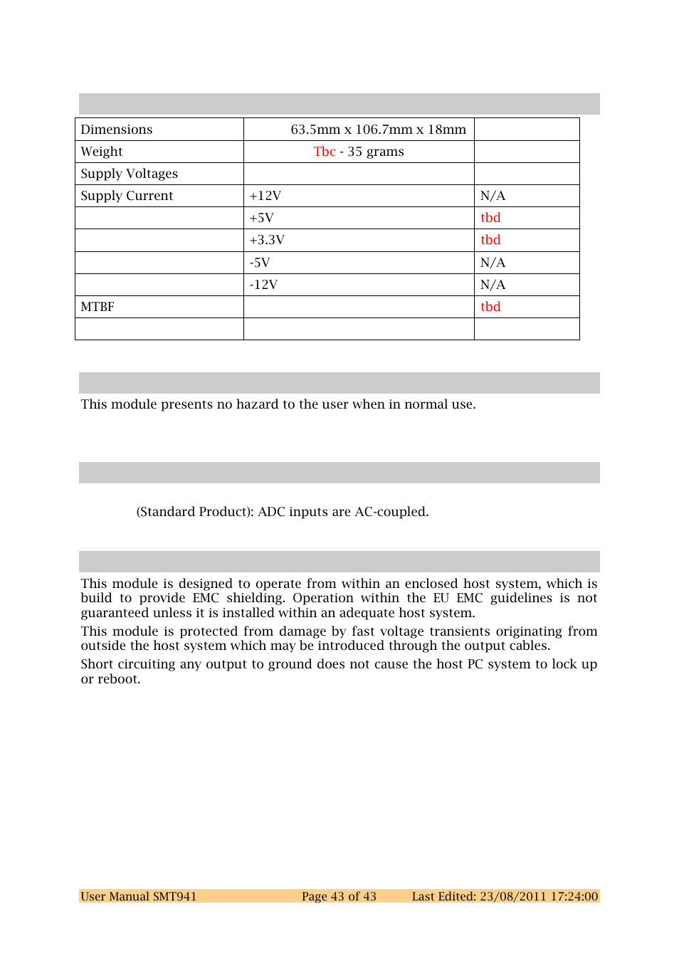 5 physical properties, 6 safety, 7 ordering information | 8 emc | Sundance SMT941 User Manual | Page 43 / 43