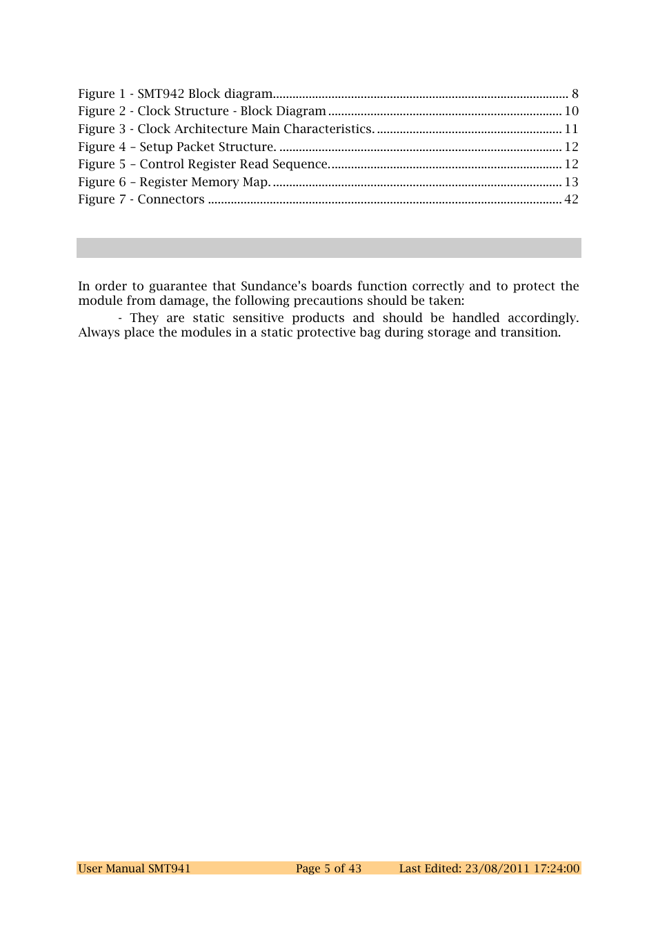 Table of figures, Precautions | Sundance SMT941 User Manual | Page 5 / 43