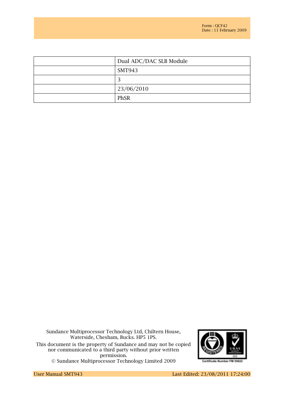 Sundance SMT943 User Manual | 54 pages