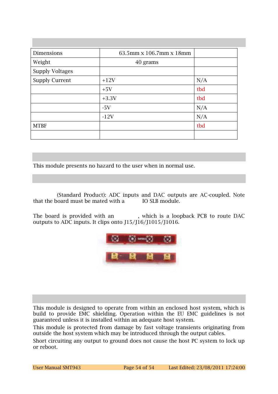 6 physical properties, 7 safety, 8 ordering information | 9 emc | Sundance SMT943 User Manual | Page 54 / 54