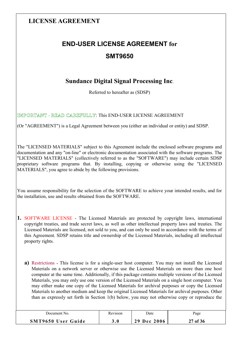 12 license agreement | Sundance SMT9650 User Manual | Page 27 / 36