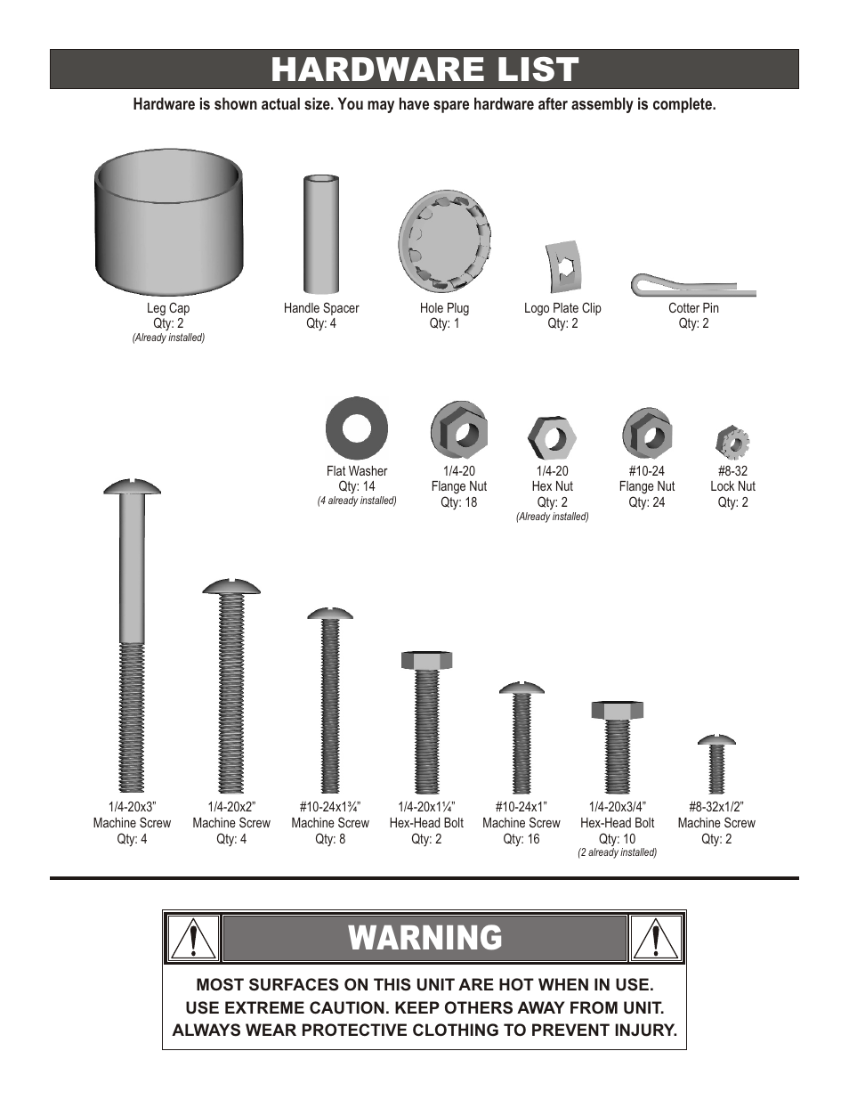 Warning, Hardware list | Char-Broil SILVER SMOKER 3201560 User Manual | Page 12 / 16