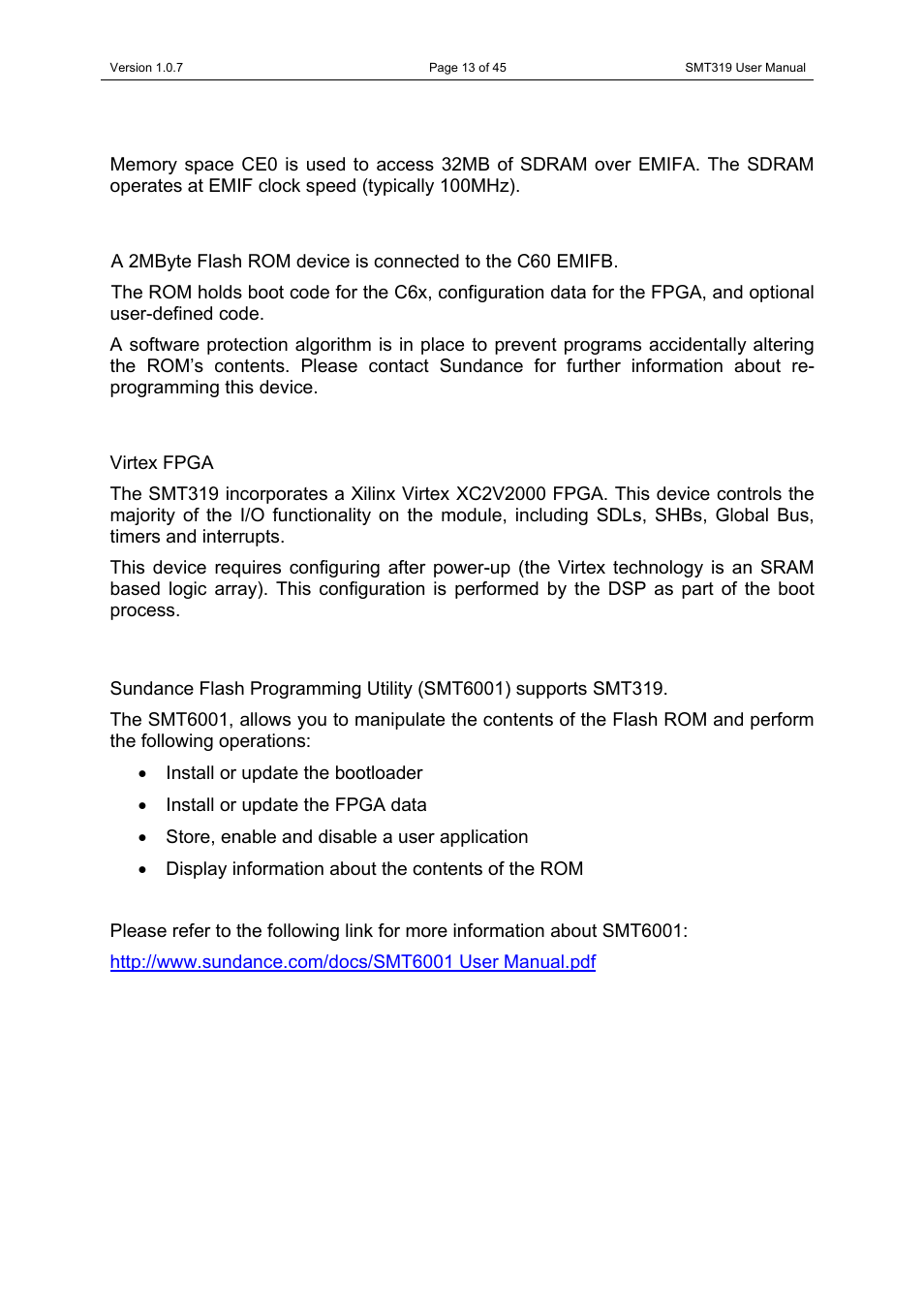 Sdram, Flash, Virtex fpga | Reprogramming the firmware and boot code, Sdram flash | Sundance SMT319 User Manual | Page 13 / 45