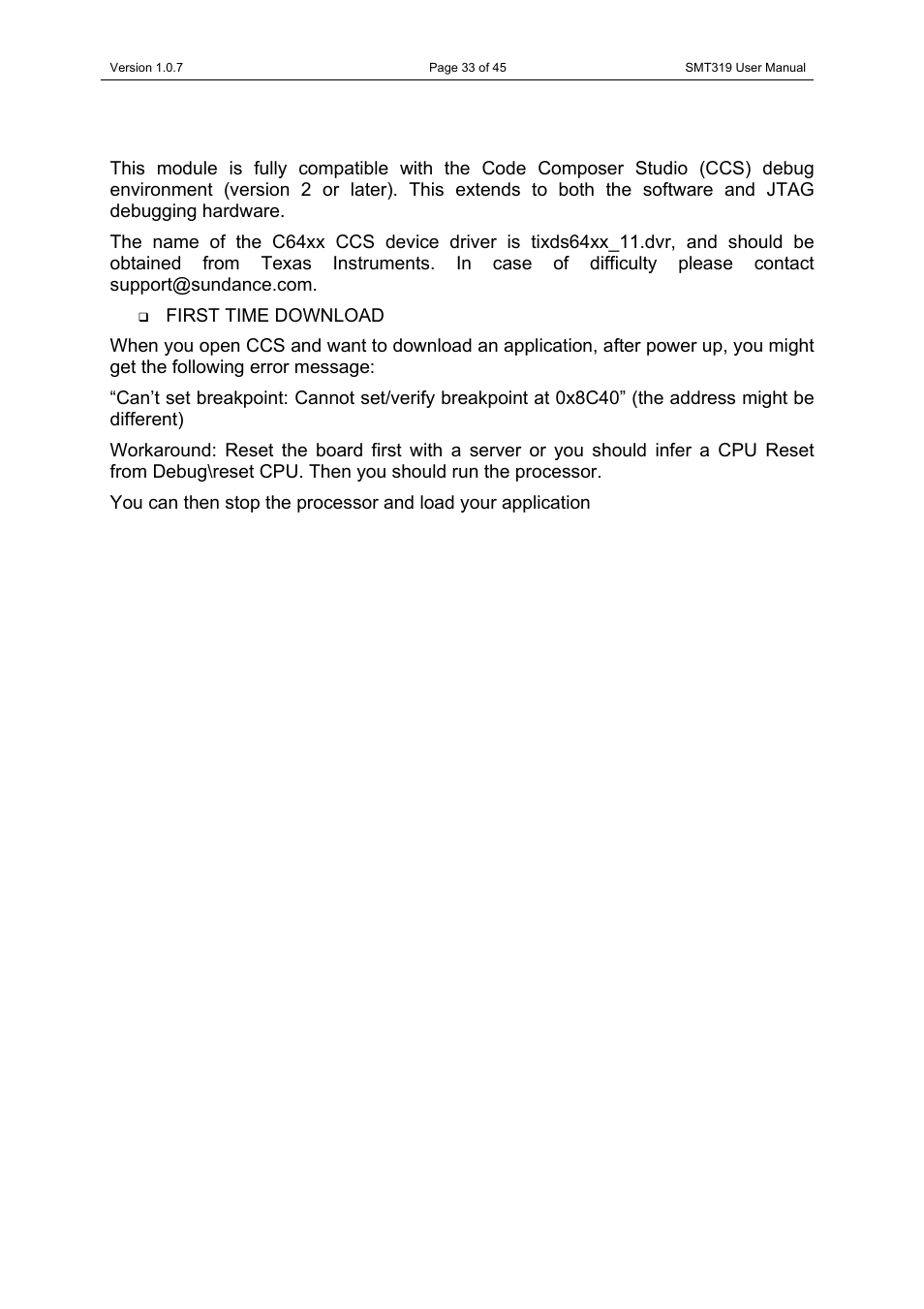 Code composer | Sundance SMT319 User Manual | Page 33 / 45