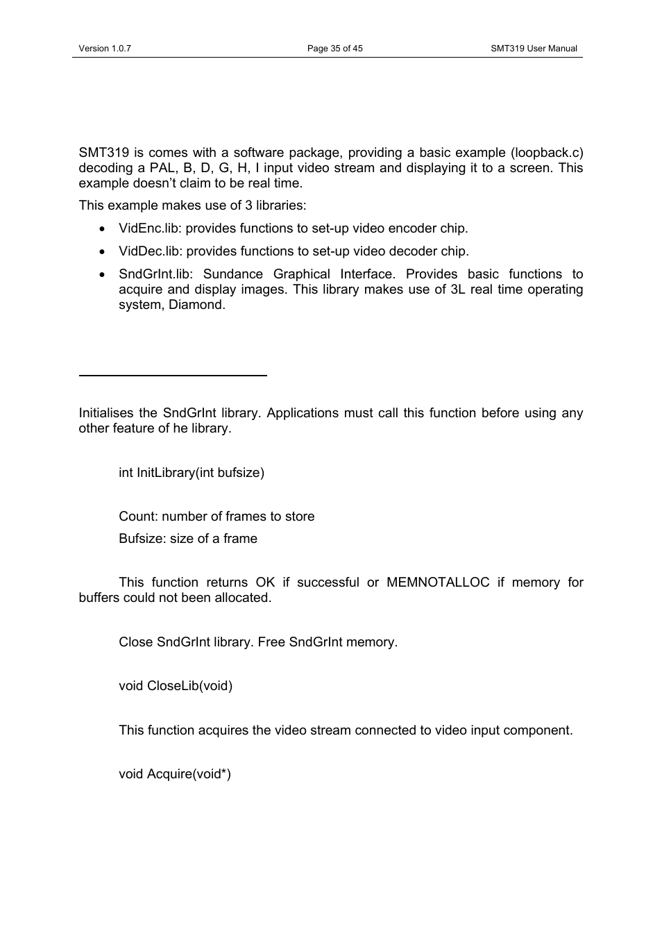 Software, Introduction, Functions description | Sundance graphical interface, Initlib, Closelib, Acquire, Introduction functions description | Sundance SMT319 User Manual | Page 35 / 45