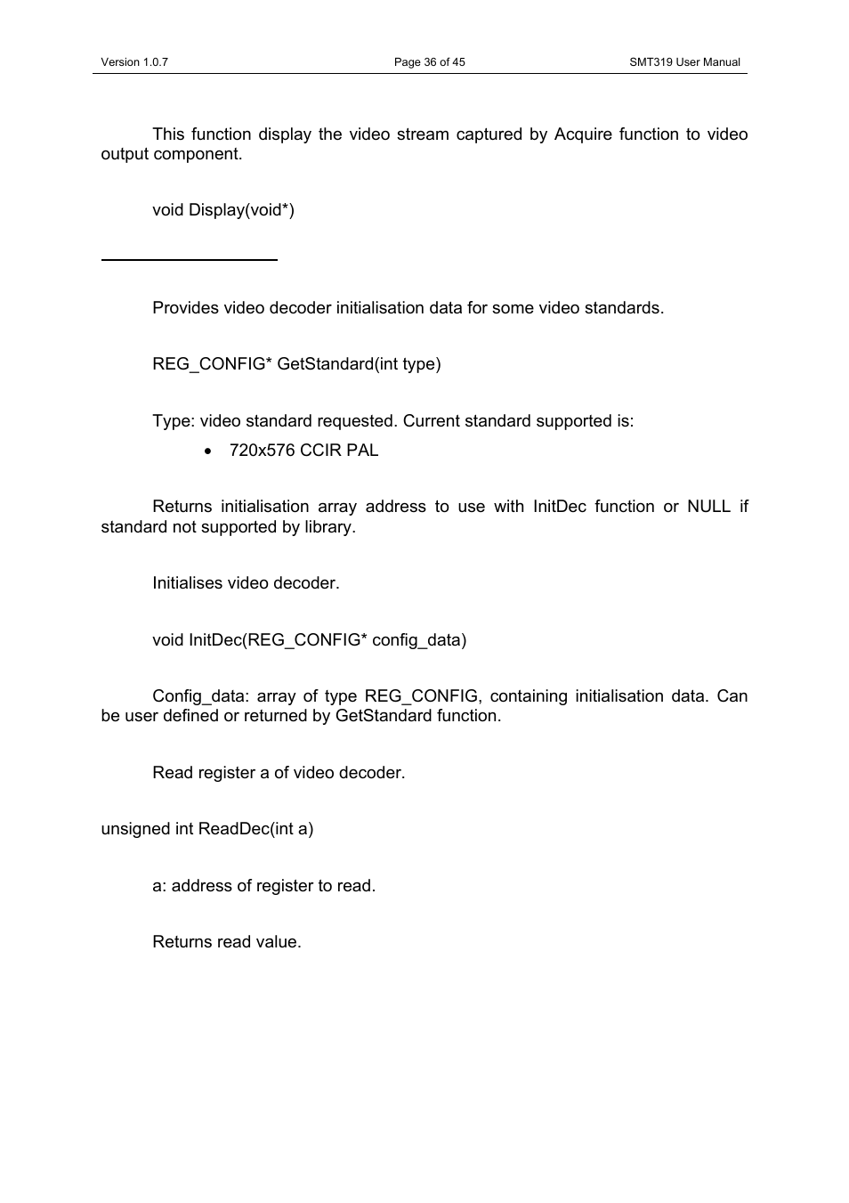 Display, Video decoder library, Getstandard | Initdec, Readdec | Sundance SMT319 User Manual | Page 36 / 45