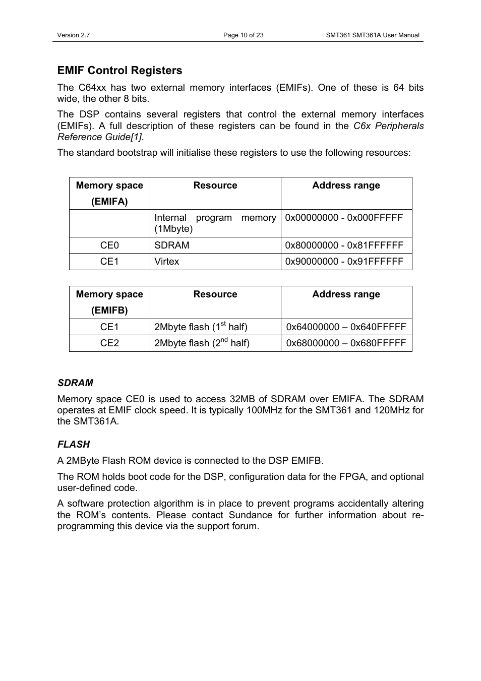Emif control registers, Sdram, Flash | Sdram flash | Sundance SMT361 User Manual | Page 10 / 23