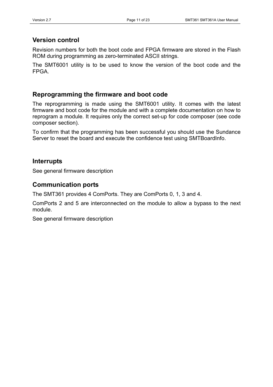 Version control, Reprogramming the firmware and boot code, Interrupts | Communication ports | Sundance SMT361 User Manual | Page 11 / 23