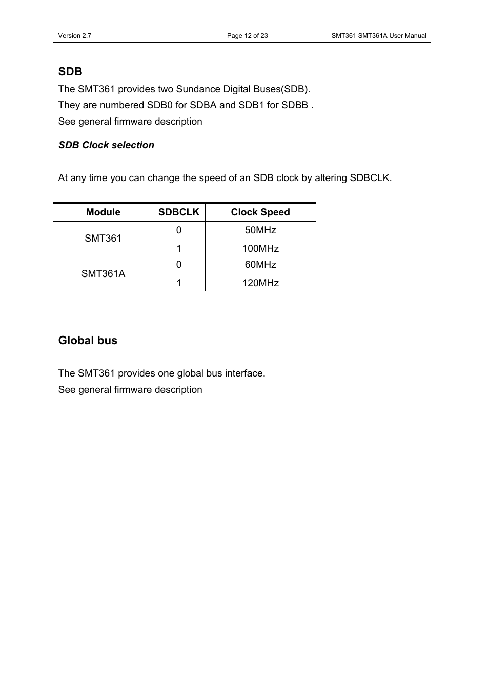Sdb clock selection, Global bus | Sundance SMT361 User Manual | Page 12 / 23