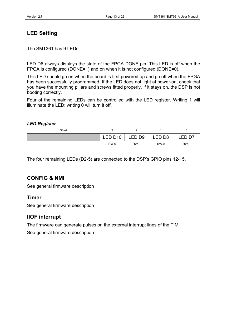 Led setting, Led register, Config & nmi | Timer, Iiof interrupt, Config & nmi timer iiof interrupt | Sundance SMT361 User Manual | Page 13 / 23