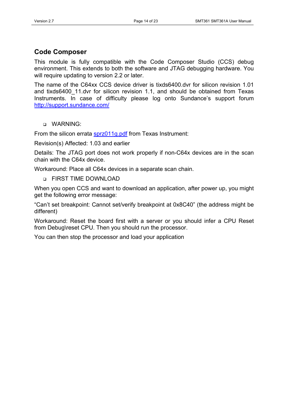 Code composer | Sundance SMT361 User Manual | Page 14 / 23