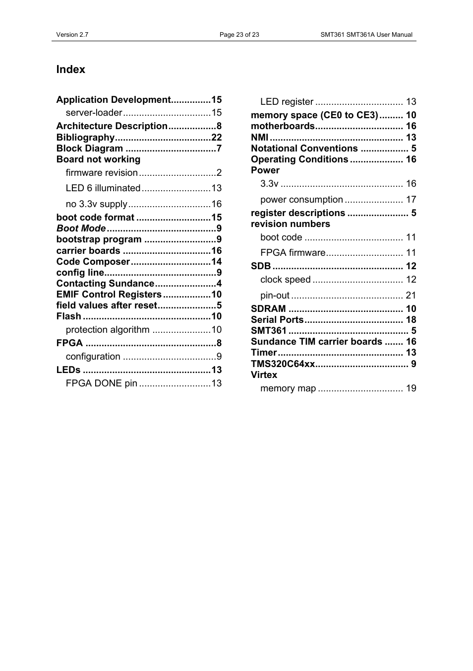 Index | Sundance SMT361 User Manual | Page 23 / 23