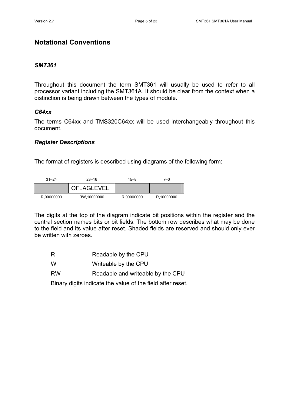Notational conventions, Smt361, C64xx | Register descriptions, Smt361 c64xx register descriptions | Sundance SMT361 User Manual | Page 5 / 23