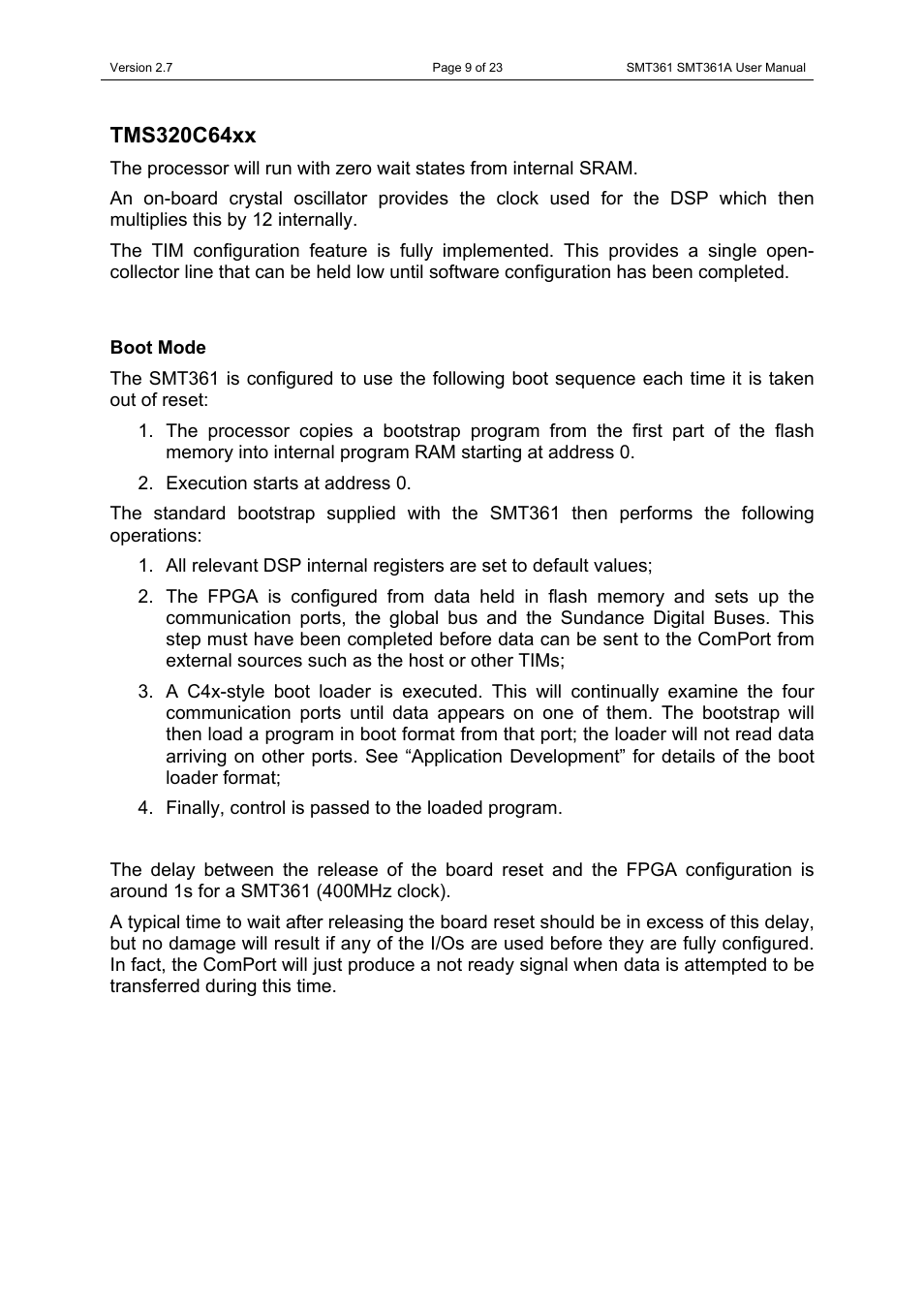 Tms320c64xx, Boot mode | Sundance SMT361 User Manual | Page 9 / 23