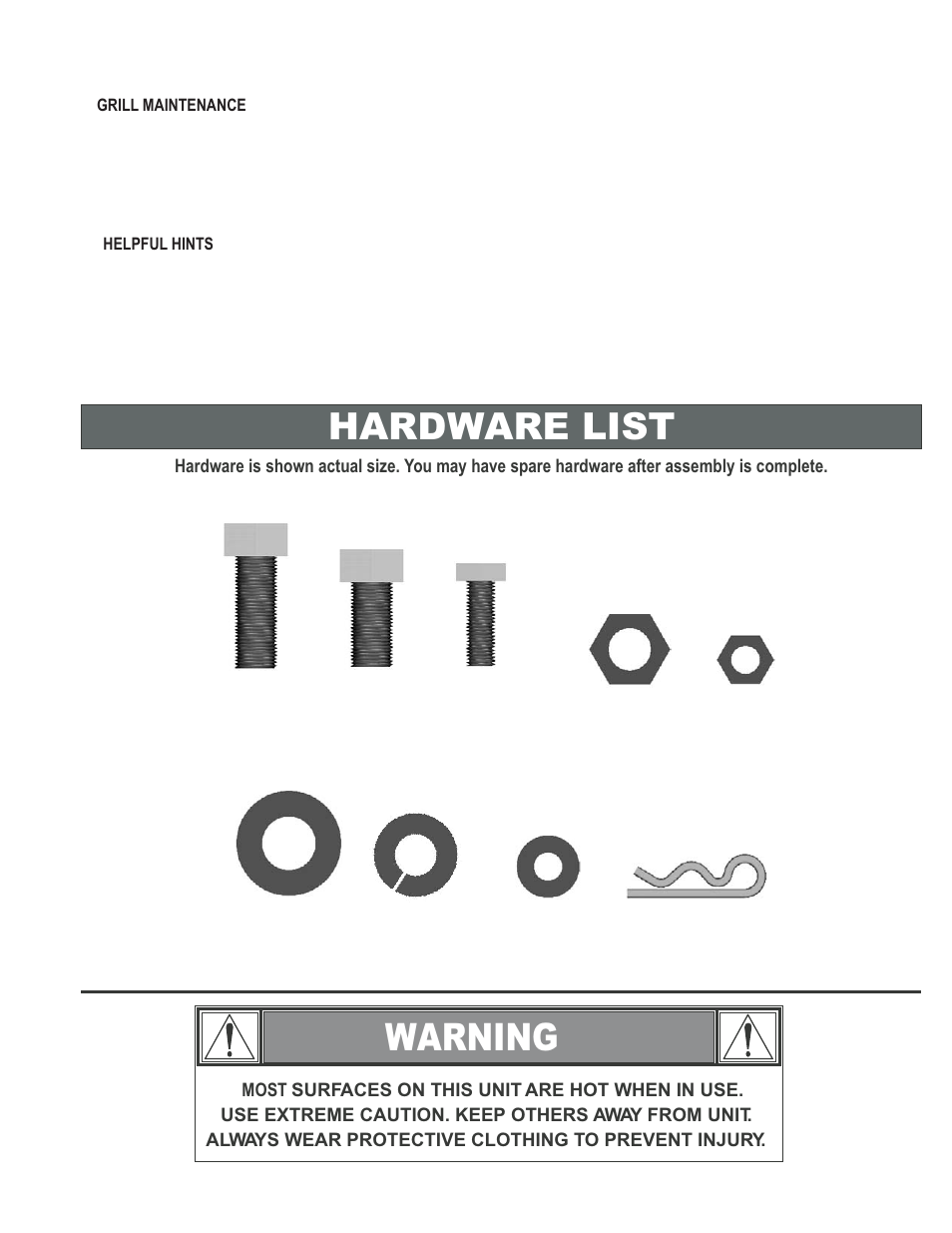 Warning, Hardware list | Char-Broil 10201630 User Manual | Page 5 / 16