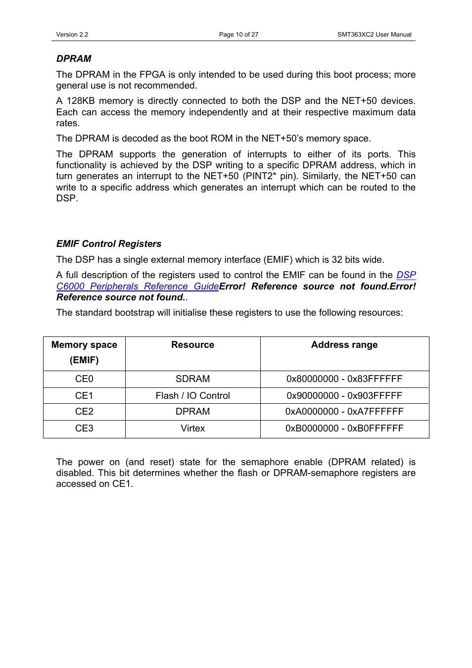 Dpram, Emif control registers, Dpram emif control registers | Sundance SMT363XC2 User Manual | Page 10 / 27