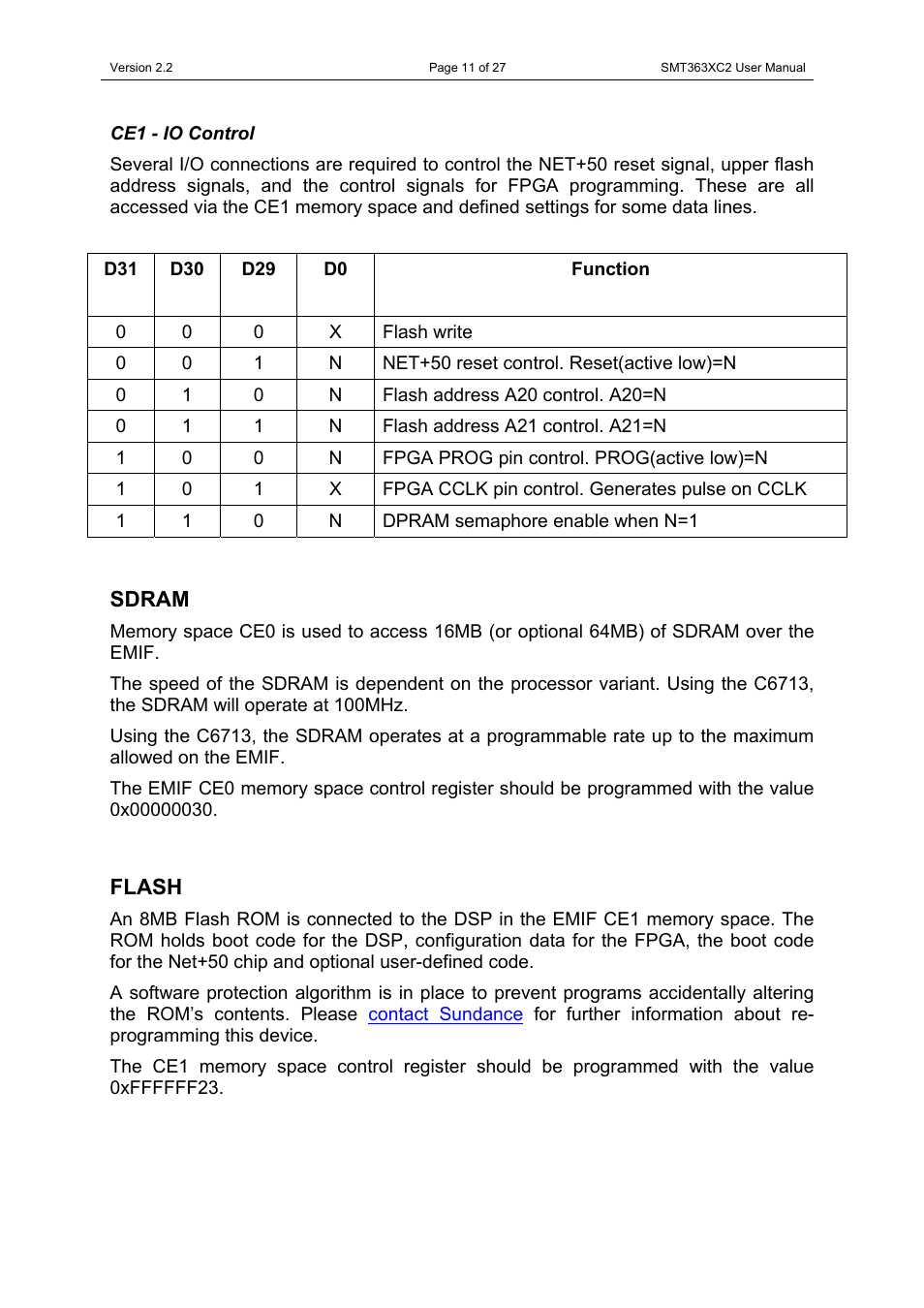 Ce1 - io control, Sdram, Flash | Sdram flash | Sundance SMT363XC2 User Manual | Page 11 / 27