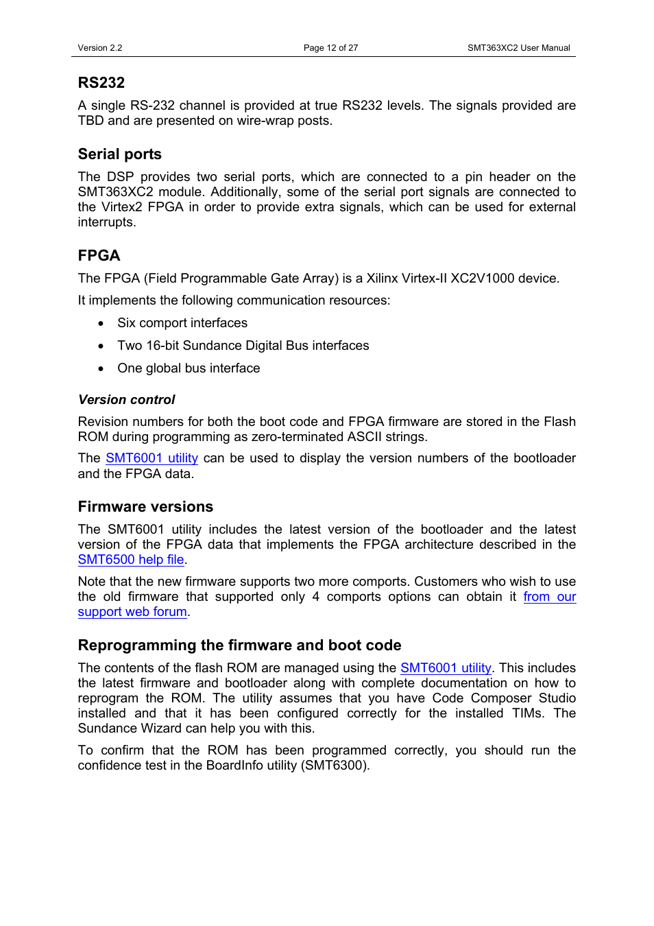 Rs232, Serial ports, Fpga | Version control, Firmware versions, Reprogramming the firmware and boot code, Rs232 serial ports fpga | Sundance SMT363XC2 User Manual | Page 12 / 27