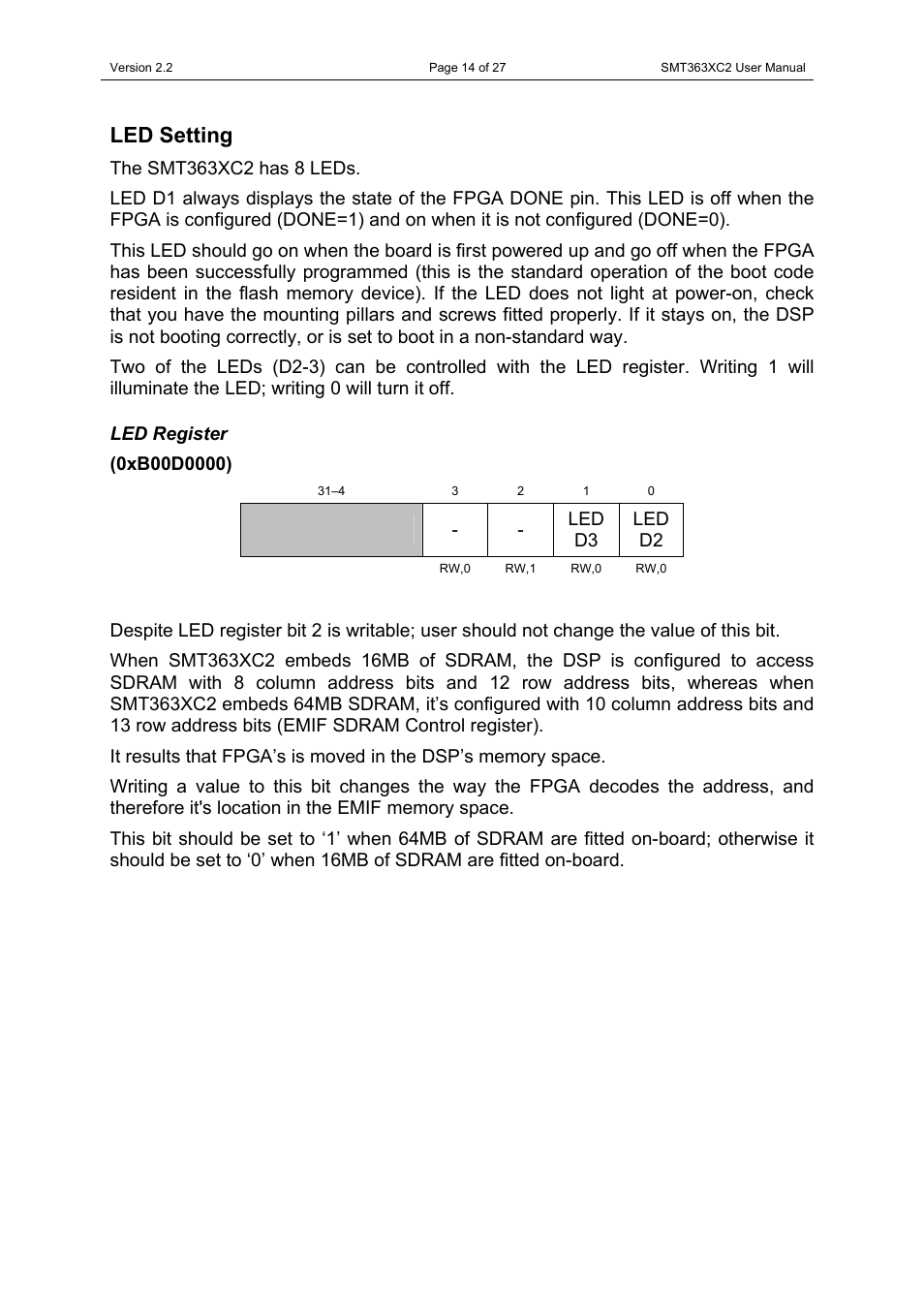 Led setting, Led register | Sundance SMT363XC2 User Manual | Page 14 / 27