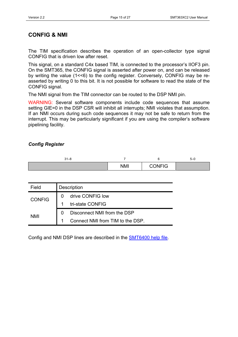 Config & nmi, Config register | Sundance SMT363XC2 User Manual | Page 15 / 27