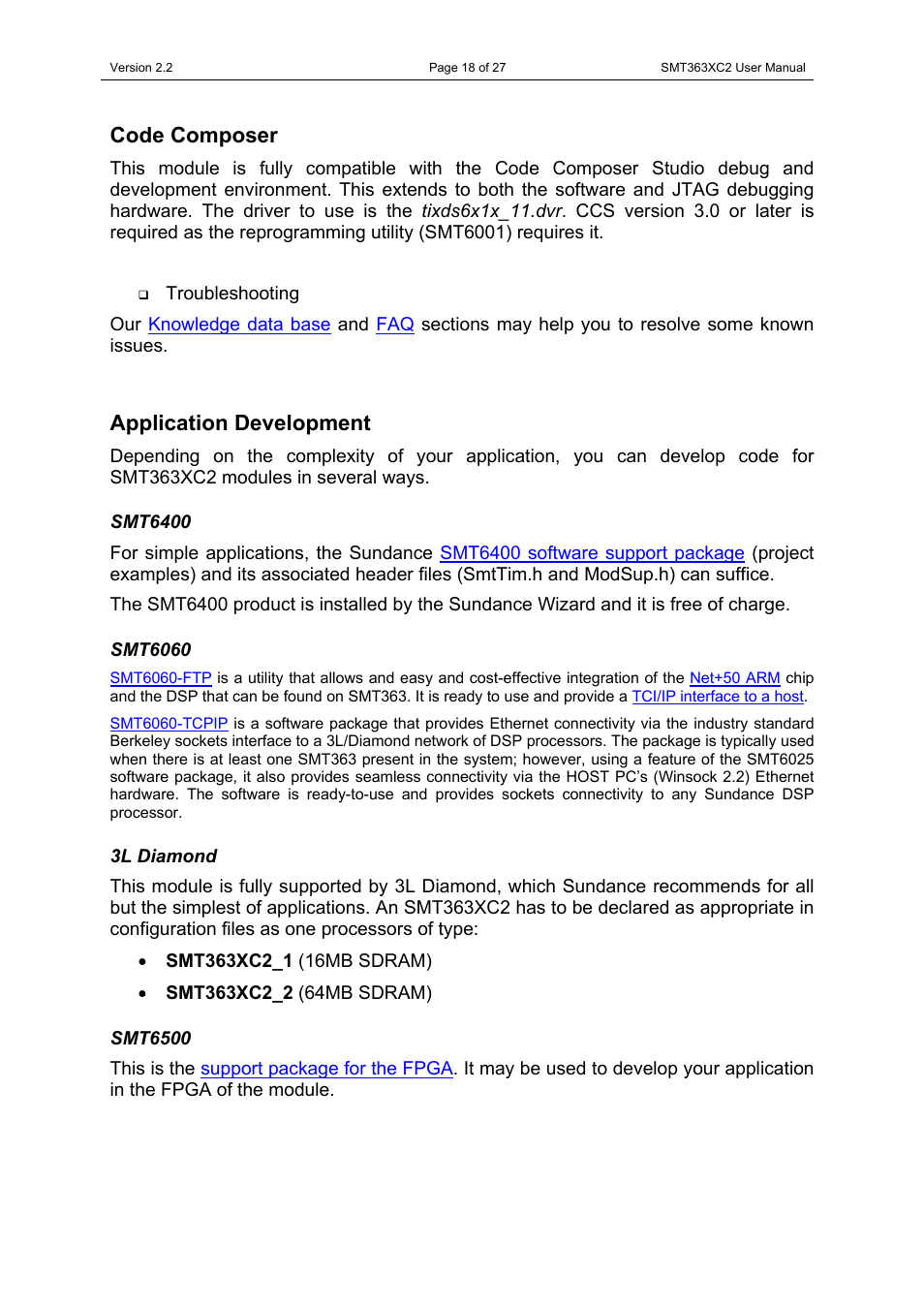 Code composer, Application development, Smt6400 | Smt6060, 3l diamond, Smt6500, Code composer application development, Smt6400 smt6060 3l diamond smt6500 | Sundance SMT363XC2 User Manual | Page 18 / 27