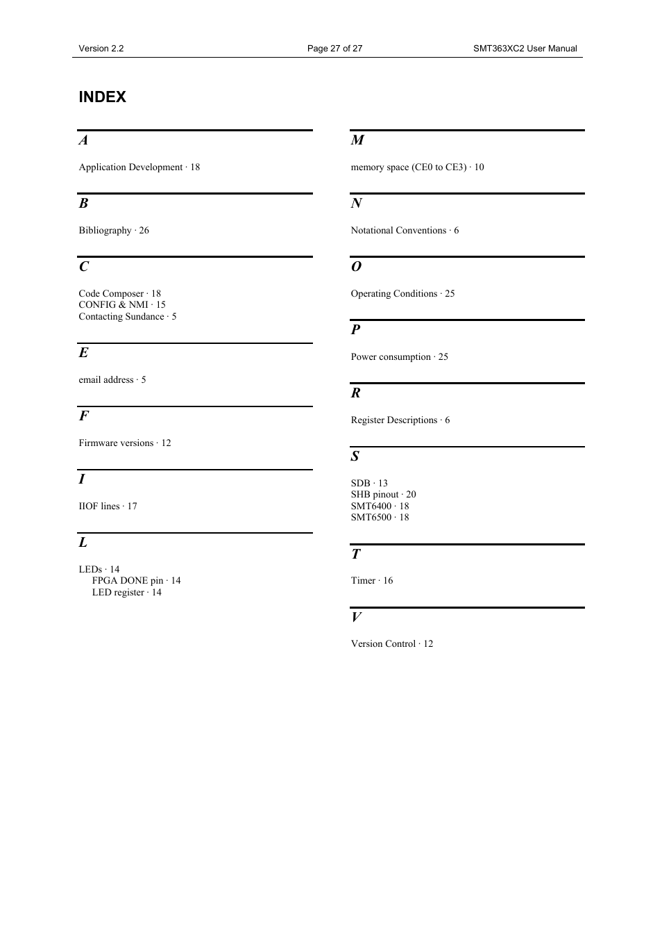Index | Sundance SMT363XC2 User Manual | Page 27 / 27