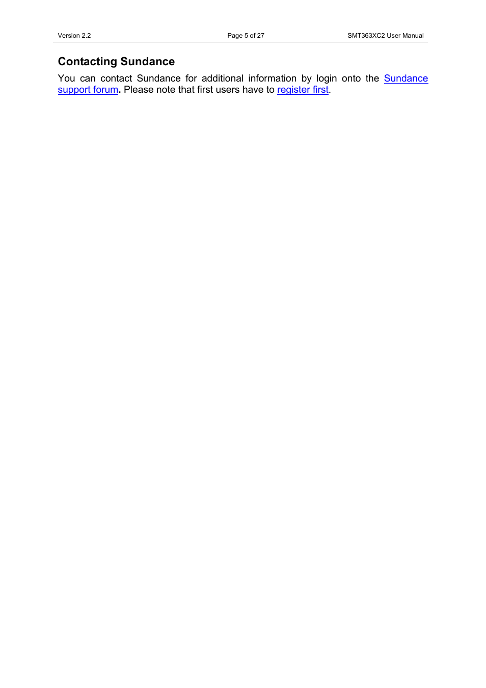 Contacting sundance | Sundance SMT363XC2 User Manual | Page 5 / 27