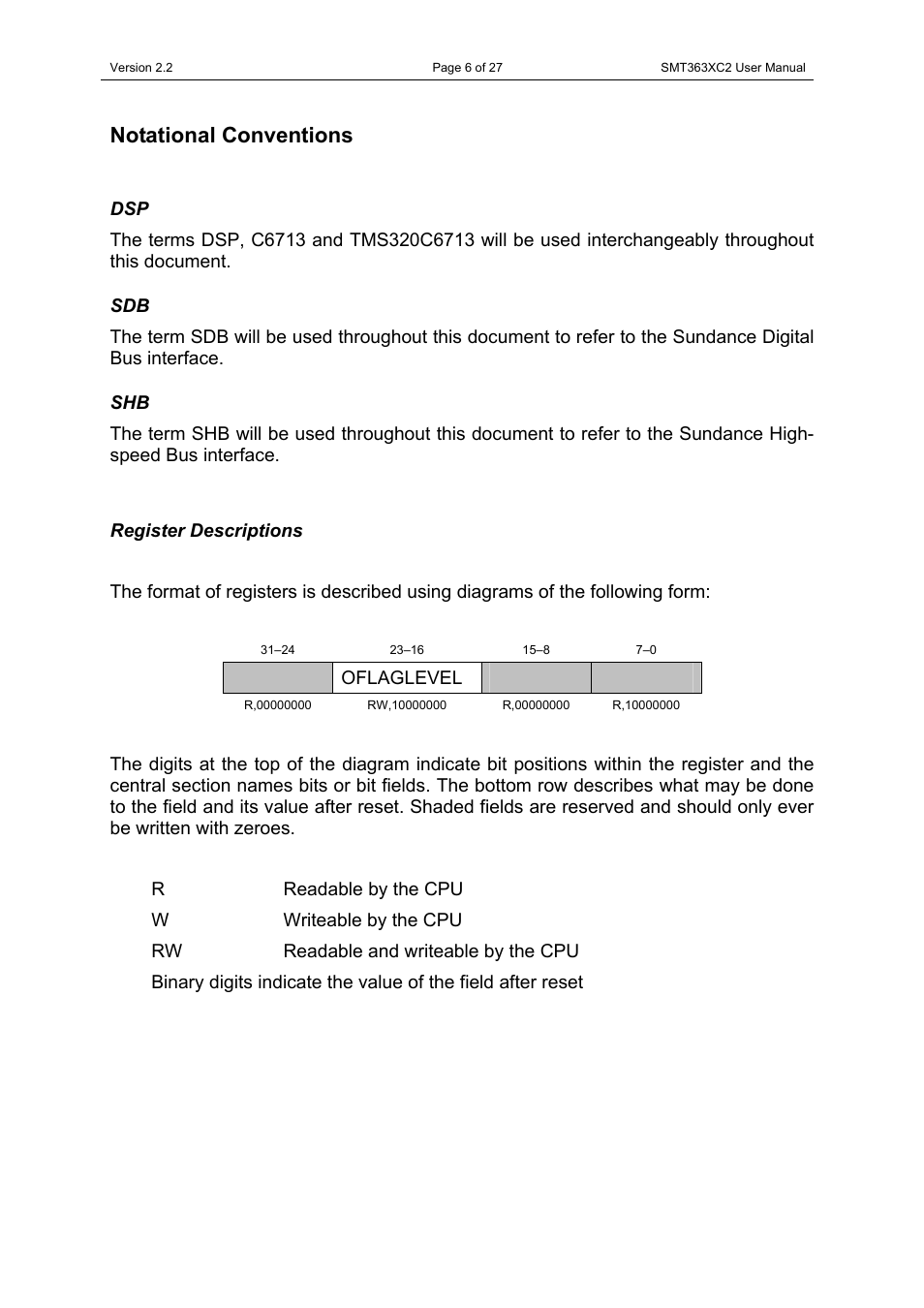 Notational conventions, Register descriptions, Dsp sdb shb register descriptions | Sundance SMT363XC2 User Manual | Page 6 / 27