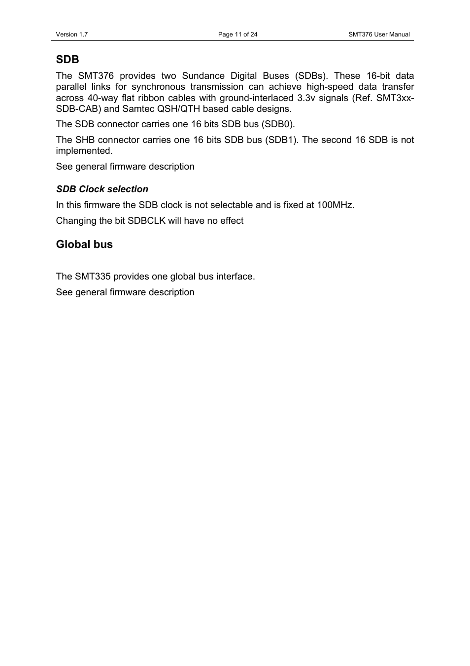 Sdb clock selection, Global bus | Sundance SMT376 User Manual | Page 11 / 24