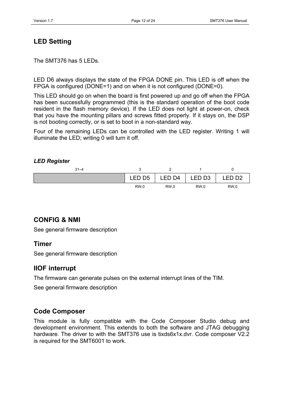 Led setting, Led register, Config & nmi | Timer, Iiof interrupt, Code composer, Config & nmi timer iiof interrupt code composer | Sundance SMT376 User Manual | Page 12 / 24