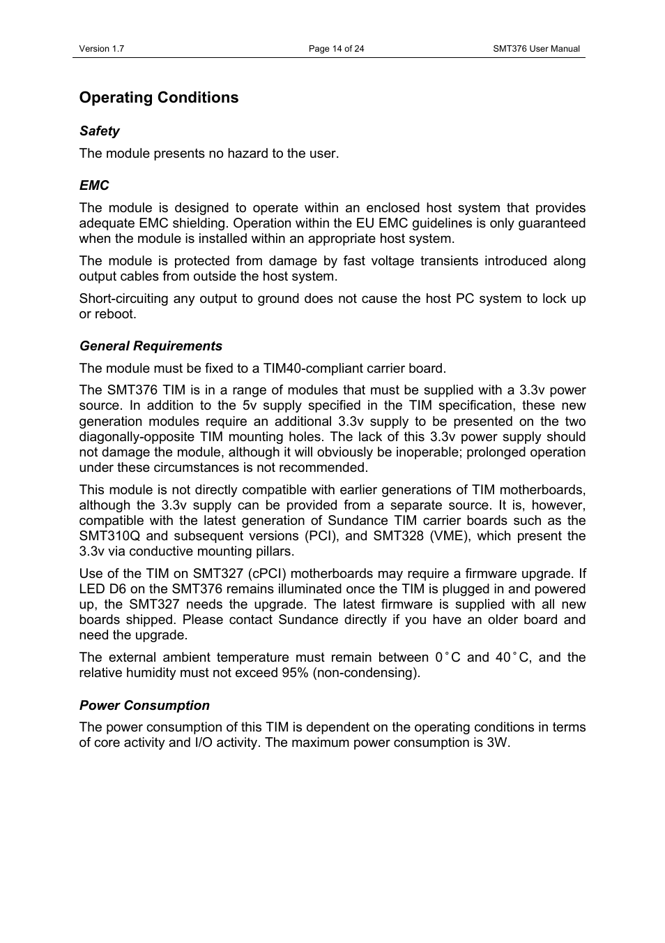 Operating conditions, Safety, General requirements | Power consumption, Emc general requirements power consumption | Sundance SMT376 User Manual | Page 14 / 24