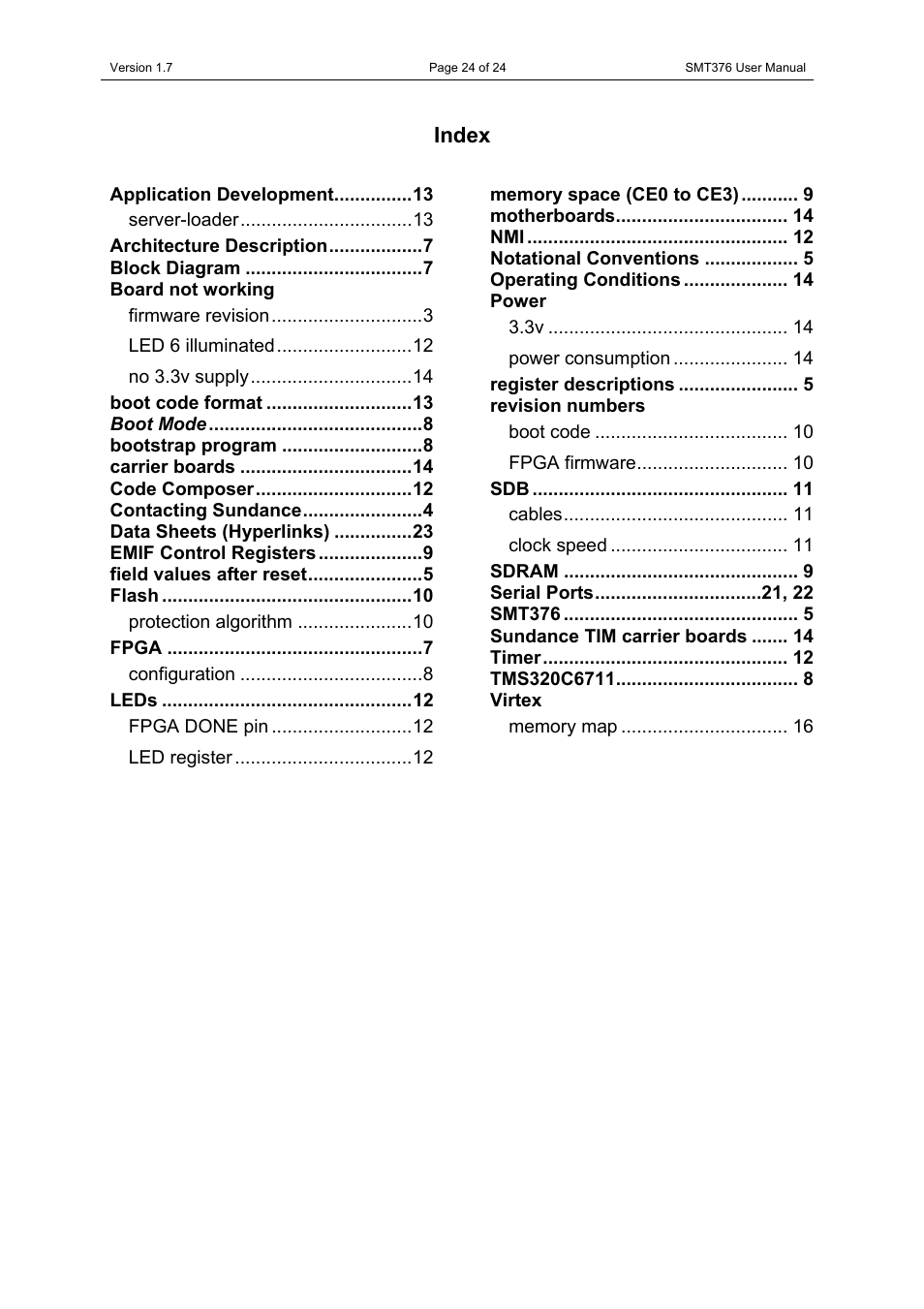 Index | Sundance SMT376 User Manual | Page 24 / 24