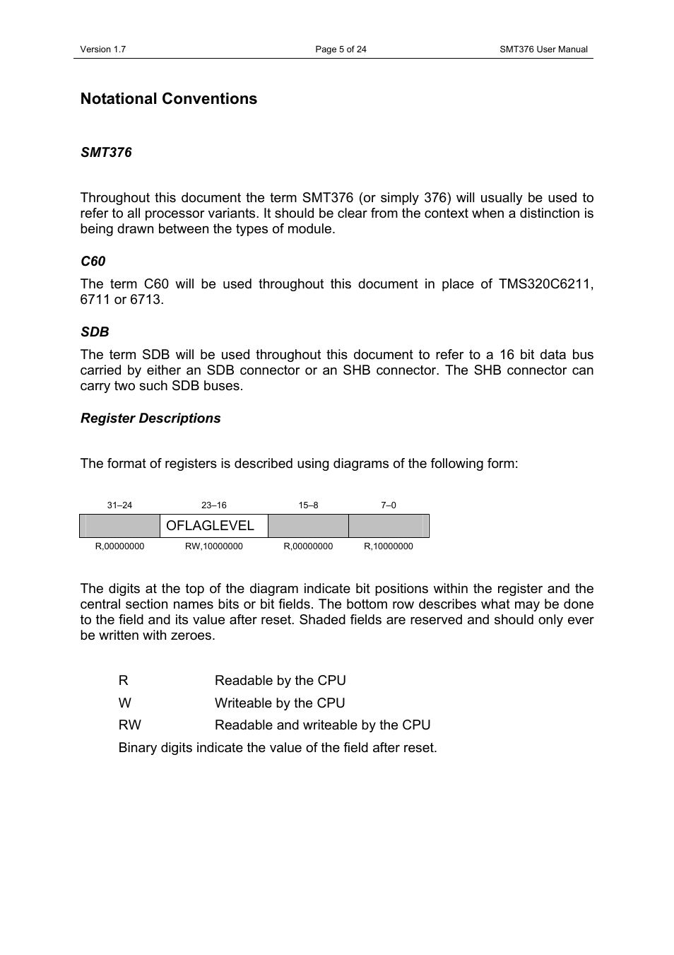 Notational conventions, Smt376, Register descriptions | Smt376 c60 sdb register descriptions | Sundance SMT376 User Manual | Page 5 / 24