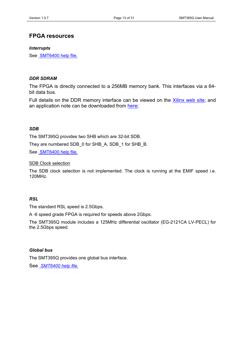 Fpga resources, Interrupts, Ddr sdram | Sdb clock selection, Global bus, Interrupts ddr sdram sdb, Rsl global bus | Sundance SMT395Q User Manual | Page 13 / 31