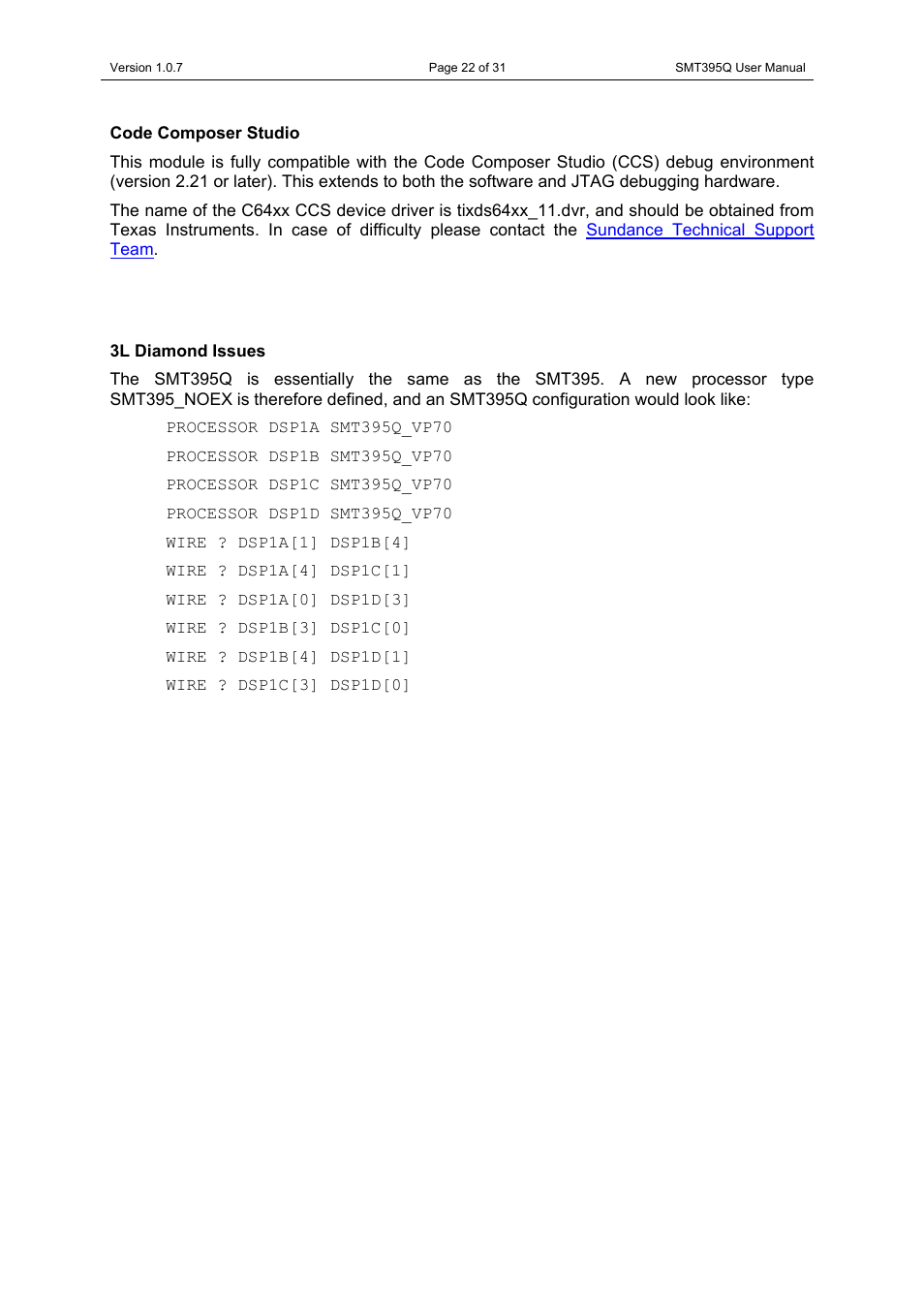 Code composer studio, 3l diamond issues, Code composer studio 3l diamond issues | Sundance SMT395Q User Manual | Page 22 / 31