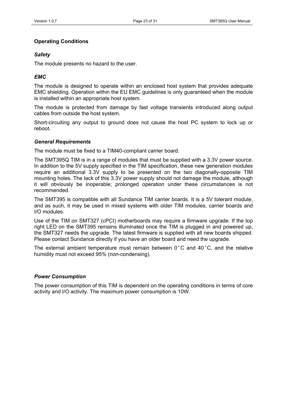Operating conditions, Safety, General requirements | Power consumption, Safety emc general requirements power consumption | Sundance SMT395Q User Manual | Page 23 / 31