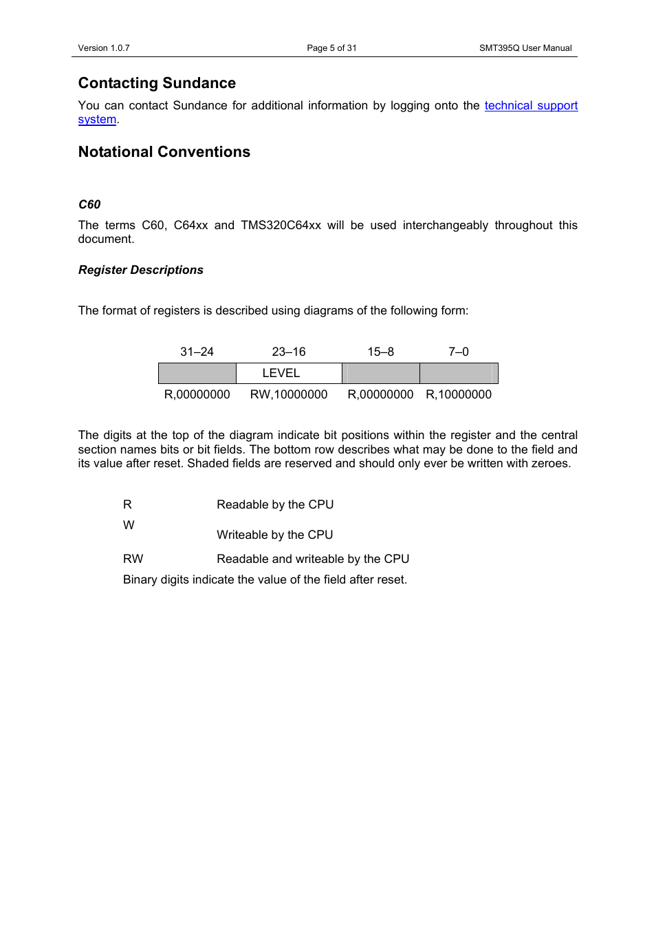 Contacting sundance, Notational conventions, Register descriptions | Contacting sundance notational conventions, C60 register descriptions | Sundance SMT395Q User Manual | Page 5 / 31