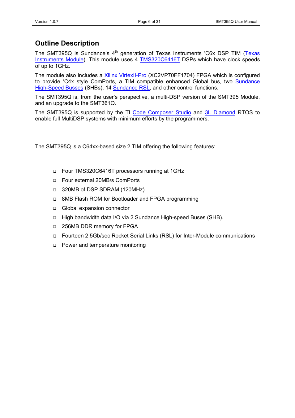 Outline description | Sundance SMT395Q User Manual | Page 6 / 31