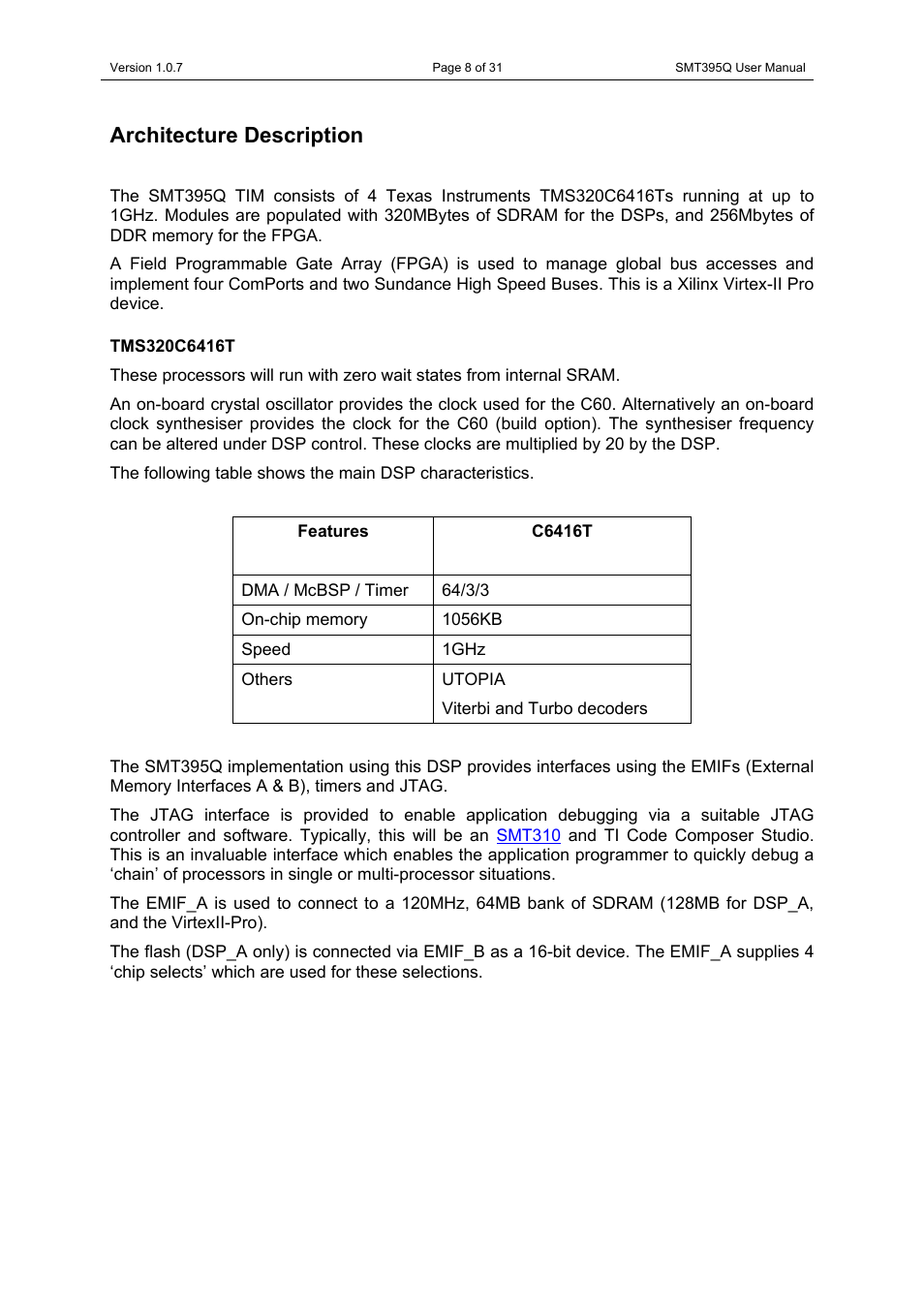 Architecture description, Tms320c6416t, Architecture description tms320c6416t | Sundance SMT395Q User Manual | Page 8 / 31