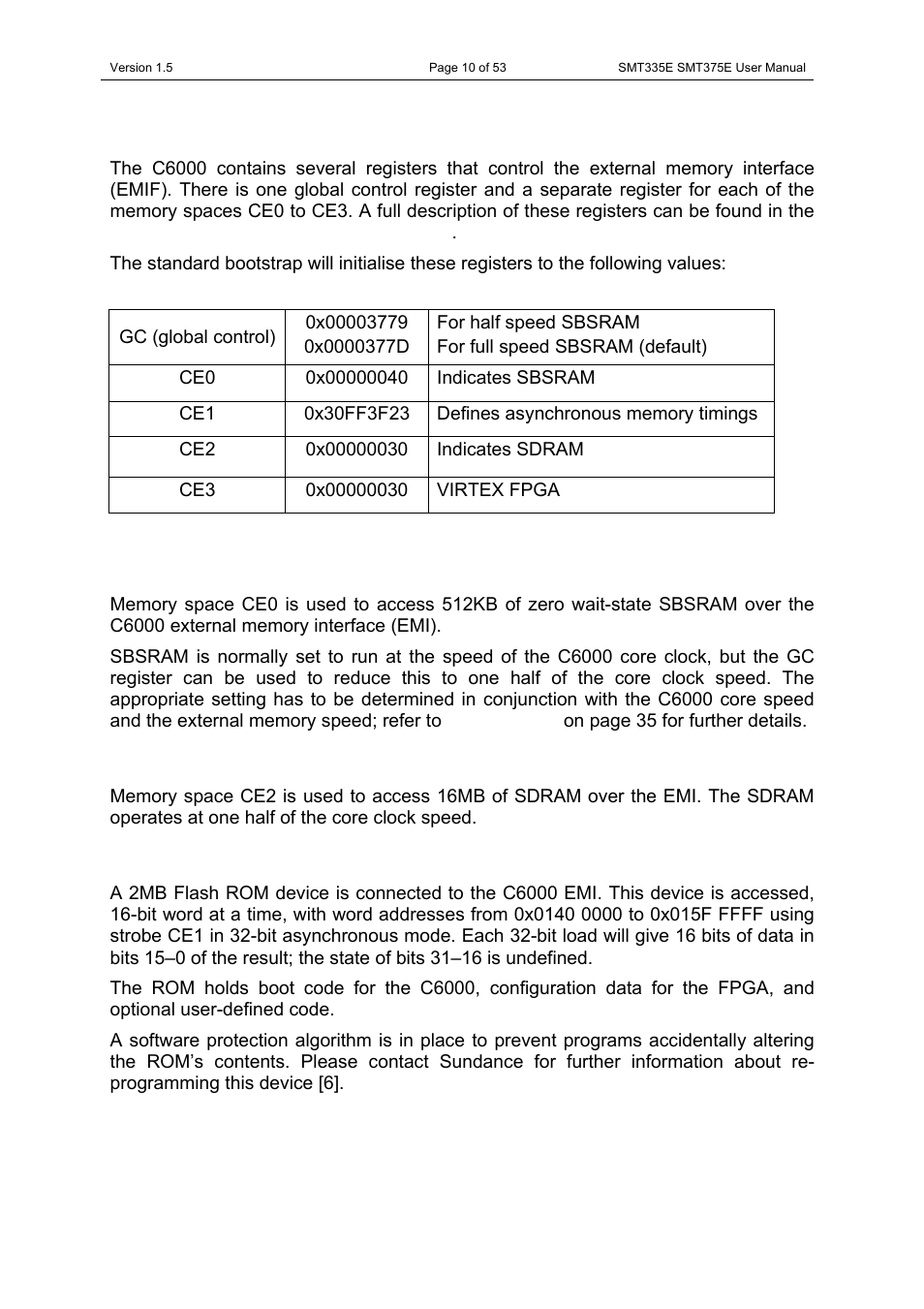 Emif control registers, Sbsram, Sdram | Flash, Sbsram sdram flash | Sundance SMT335E User Manual | Page 10 / 53