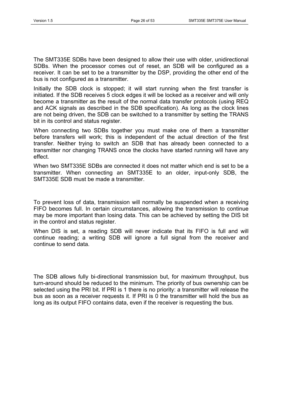 Sdb initialisation, Suspending sdb transmission, Bus exchange | Sundance SMT335E User Manual | Page 26 / 53